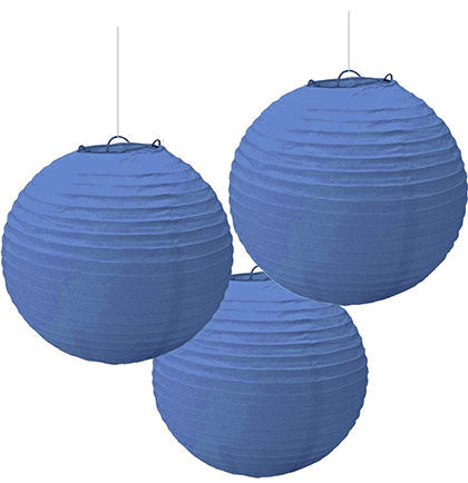 These paper lanterns will be perfect to include in the decorating the party. The Set of 3 Blue Lanterns are 9" in diameter. The lanterns are easy to assemble with the included wire frames and comes with string to hang.