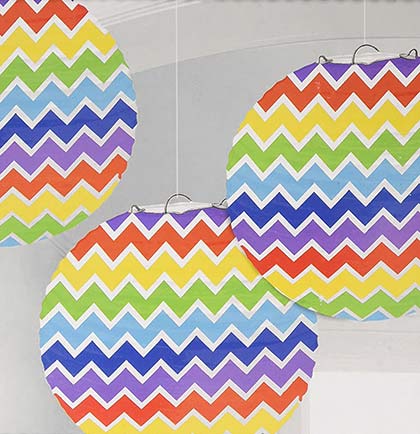 These fun Set of 3 Rainbow Paper Lanterns are perfect for the party. The paper lanterns are 9" in diameter and have a funky chevron pattern. Easy to assemble with the included wire frames and string to hang. 