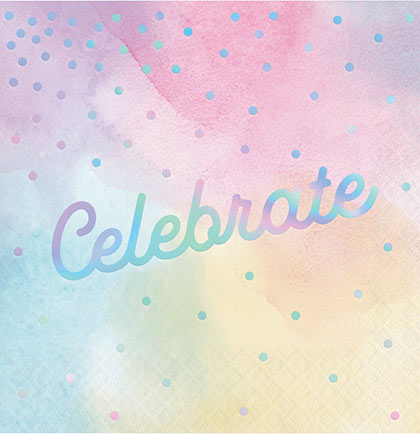 Celebrate the bride with these pretty pastel napkins. The luncheon sized napkins say Celebrate in a fun iridescent silver imprint accented with iridescent dots. Perfect for any themed bridal shower or bachelorette party.