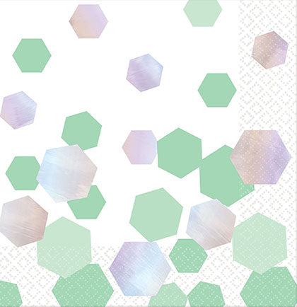 Looking for some pretty, but unique tableware to have at a bachelorette party or bridal shower? These luncheon sized napkins have mint and silver iridescent hexagon shapes for a fun look.  Make sure to get enough for all the party guests. 