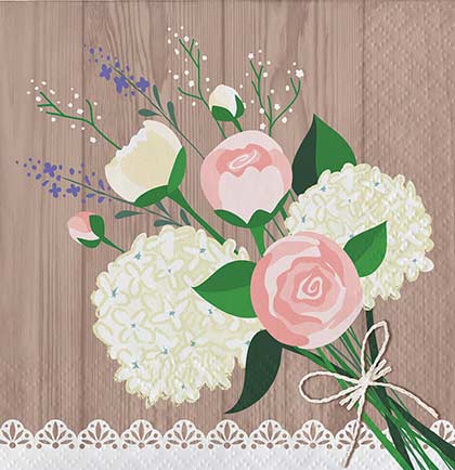 These napkins are perfect for a rustic themed bachelorette party or bridal shower. The cocktail napkins have a natural wood print and feature a floral bouquet and accented with a lace pattern trim. Make sure to get the rest of the Rustic Wedding tableware collection for the party.