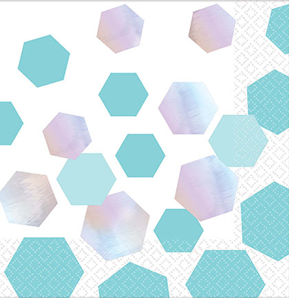 Looking for ideas on tableware to have at a bachelorette party or bridal shower? These cocktail sized napkins have turquoise and silver iridescent hexagon shapes for a fun look. Pair them with our other hexagon tableware to complete your party look.