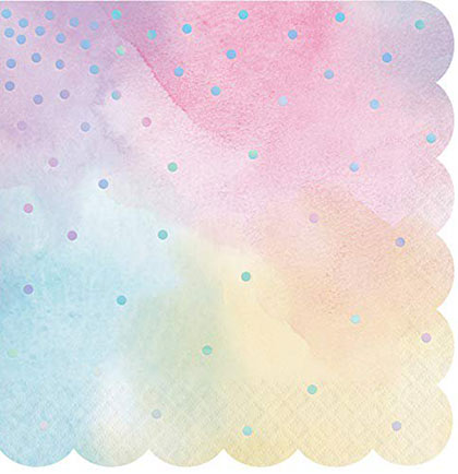 These pretty watercolor pastel napkins have with iridescent dots with a scalloped edge. These luncheon napkins will bring a pop of color on the party tables or have them at the bar or buffet table. Pair the napkins with our other watercolor pastel tableware to complete the look.