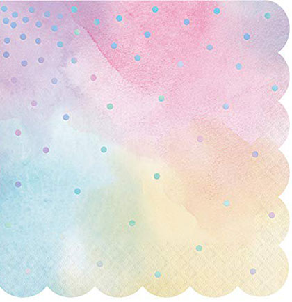 These pretty watercolor pastel napkins have with iridescent dots with a scalloped edge. These luncheon napkins will bring a pop of color on the party tables or have them at the bar or buffet table. Pair the napkins with our other watercolor pastel tableware to complete the look. 