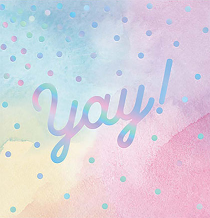 Celebrate the bride with these pretty watercolor pastel napkins. The cocktail sized napkins say Yay! in a fun iridescent silver imprint accented with iridescent dots. Pair the napkins with other pastel tableware to complete the look.