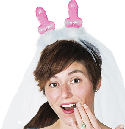 Light pink plastic pecker boppers with white tulle veil