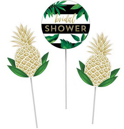 These props are perfect for a bridal shower. The props can be used as photo props for fun pictures or use them as centerpieces for the party tables. The props have one Bridal Shower sign and two Gold Metallic Pineapples cutouts. 
