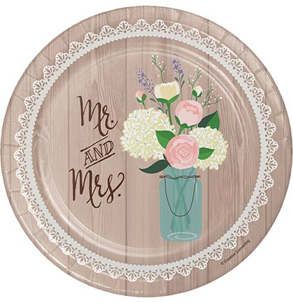 These paper plates are perfect for a rustic themed bachelorette party or bridal party. The dinner plates feature a natural wood print and say "Mr. and Mrs." in a pretty script font. The plate is accented with a flower bouquet in a mason jar and a vintage lace pattern trim. Make sure to get the rest of the Rustic Wedding tableware collection to have a cohesive party look.