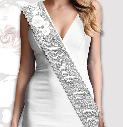 White Floral Bride to Be Silver Scalloped Edge Sash •