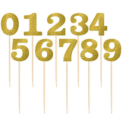 Help your party guests find where they're sitting with these sparkly Gold Table Number Centerpiece Sticks! The gold glitter picks have cardboard cutouts shaped like numbers one through twelve. Each gold number cutout is attached to a long wood pick that can be stuck in a floral centerpiece.