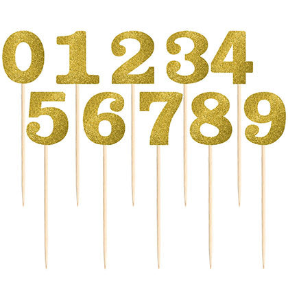 Help your party guests find where they're sitting with these sparkly Gold Table Number Centerpiece Sticks! The gold glitter picks have cardboard cutouts shaped like numbers one through twelve. Each gold number cutout is attached to a long wood pick that can be stuck in a floral centerpiece. 