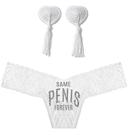 Silver Same Pen*s Forever Stretch Lace Thong & Tassel Pasties Set