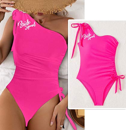 Bride Squad One Shoulder Pink Swimsuit