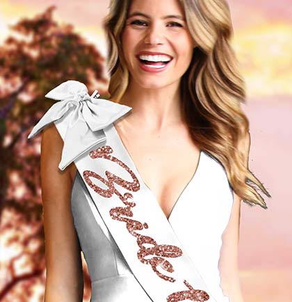 Glam Rose Gold Bride to Be Sash &amp; White Bow - Set of 2