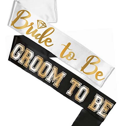 Bride Gold Diamond White & Groom Sporty Black Sash Set