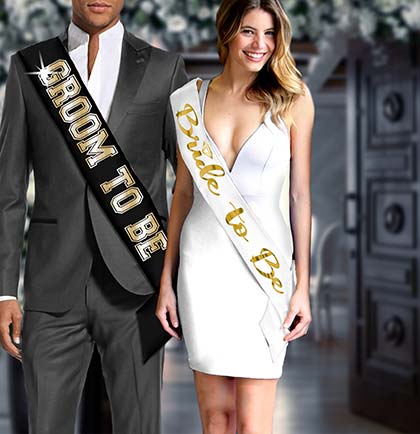 Bride Gold Diamond White &amp; Groom Sporty Black Sash Set
