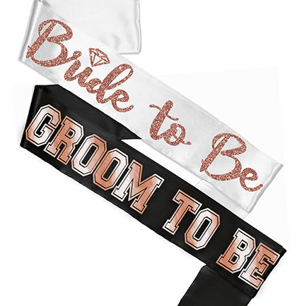 Bride Rose Gold Diamond White & Groom Sporty Black Sash Set