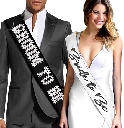 Black Glam Bride White Sash & Silver Groom Black Sash Set
