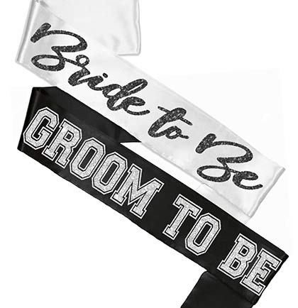 Black Glam Bride White Sash & Silver Groom Black Sash Set
