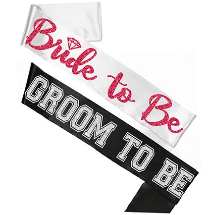 Pink Bride Diamond White & Silver Groom Black Sash Set