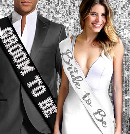 Bride Silver Diamond White &amp; Groom Sporty Black Sash Set