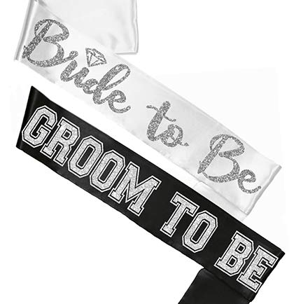 Bride Silver Diamond White &amp; Groom Sporty Black Sash Set