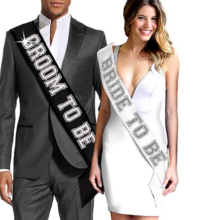 Bride &amp; Groom Sporty White &amp; Black Sash Set