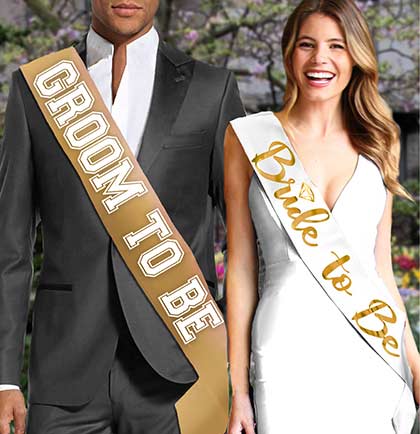 Bride Gold Diamond White &amp; Groom Sporty Gold Sash Set