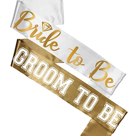 Bride Gold Diamond White & Groom Sporty Gold Sash Set