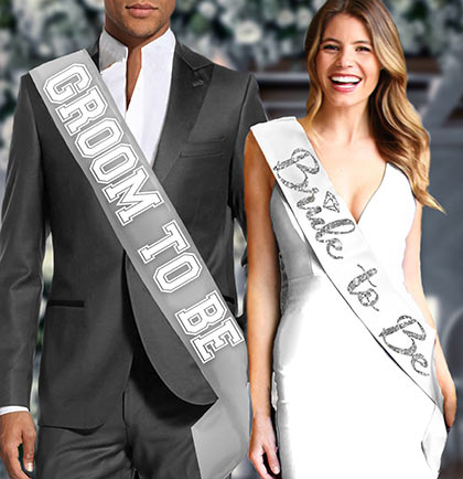 Bride Silver Diamond White &amp; Groom Sporty Silver Sash Set