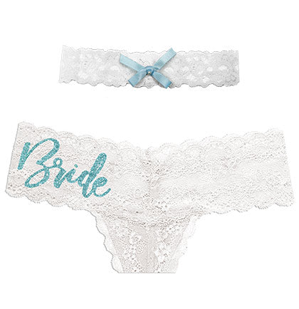 Aqua Bride white lace thong and white garter with blue bow