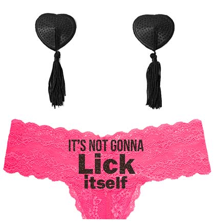 Black Lick Itself Hot Pink Thong & Black Tassel Pasties | Wedding Panties |  The House of Bachelorette