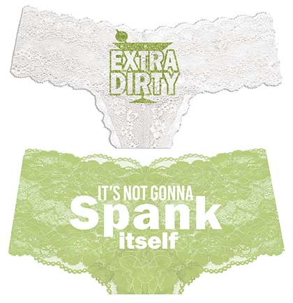 Bikinis and Martinis panty set. Green Extra Dirty white lace thong and white It's Not Gonna Spank Itself green lace boyshorts.