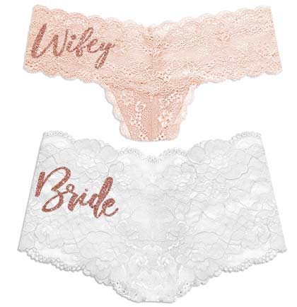 Rose gold Wifey pearl thong and rose gold Bride white boyshort