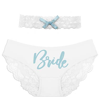 Light Blue Bride white bikini and white lace garter with light blue bow