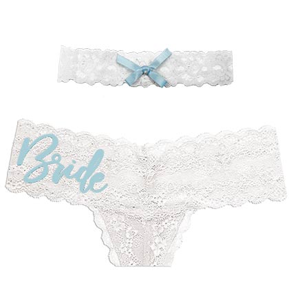 Light Blue Bride on white lace thong and white lace garter with light blue bow set