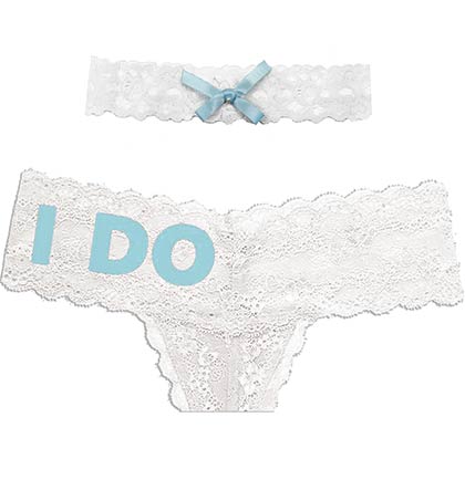 Light Blue I Do white thong panty and white lace garter with light blue bow