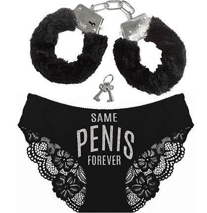 Silver Same Penis Forever lace trim black bikini panties with fuzzy black metal handcuffs. 