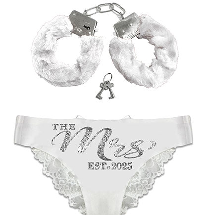 Silver The Mrs. EST 2025 Bow Back White Panty & Handcuff Set
