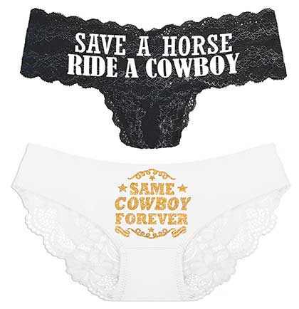 Last Rodeo Gold Same Cowboy Forever on a white bikini and White Save a Horse Ride a Cowboy black lace thong set