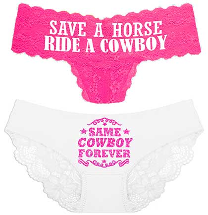 White Save a Horse Ride a Cowboy pink lace thong and pink Same Cowboy Forever white bikini panty set