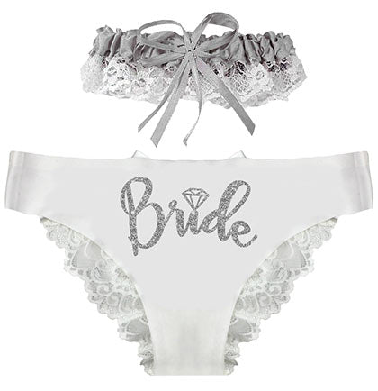 Silver Bride White Bikini Panty and Silver Satin & Lace Garter