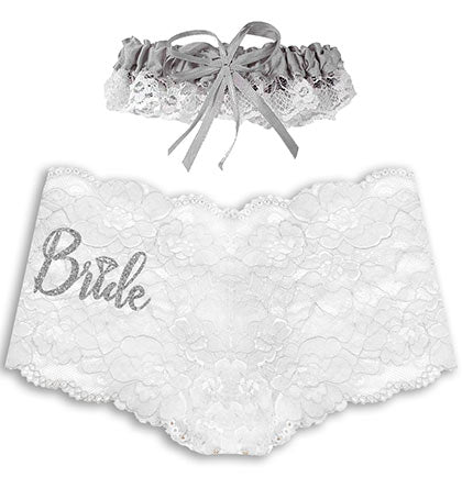 Bride with Diamond White Lace Boyshort & Silver Garter - Set of 2