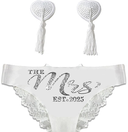 Silver The Mrs. EST 2025 Bow Back White Panty & Tassel Pasty Set