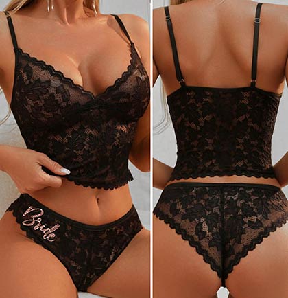 Rose Gold Glam Bride Lace Scalloped Black Lingerie Set