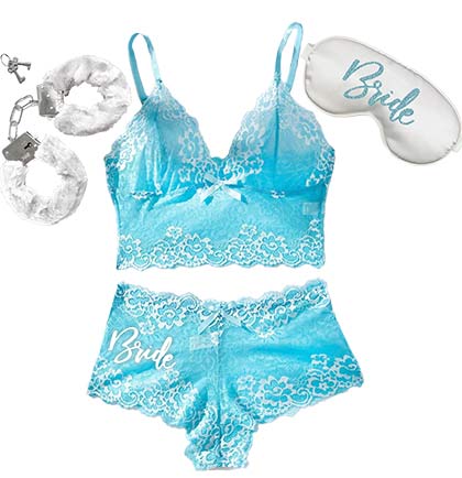 White Glam Bride Lace Scalloped Aqua Blue Lingerie, Mask &amp; Handcuff - Set of 3