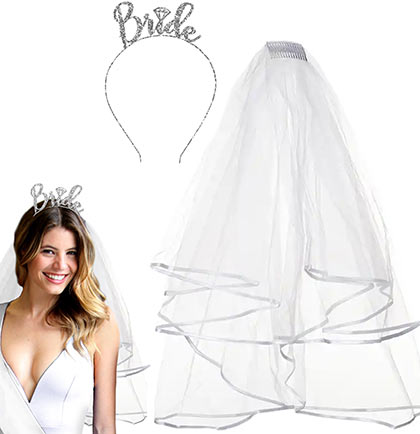 Bride with Diamond Silver Glitter Headband & White Tulle Veil - Set of 2