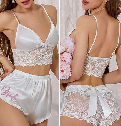 Light Pink Bride Satin and Lace Lingerie Set