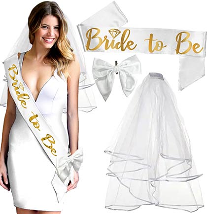 Bride to Be White & Gold Diamond Sash, Veil & Bow - Set of 3