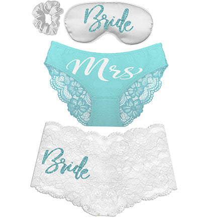 White & Aqua Boyshort, Bikini, Mask & Scrunchie - Set of 4